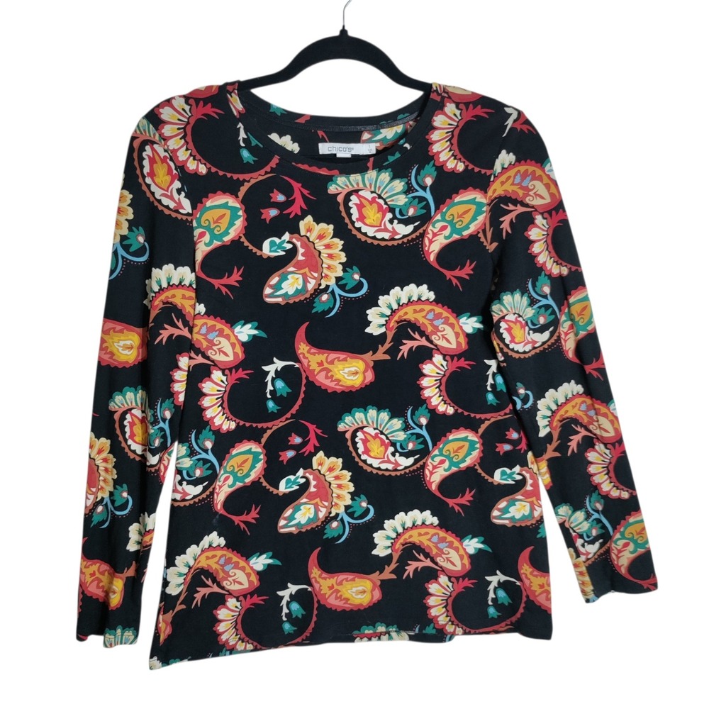 Chicos Womens Long Sleeve Paisley Print Top Black Multicolor Size 1 M Crew Neck